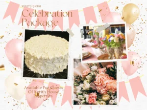 cake, flowers and decorations on a flyer
