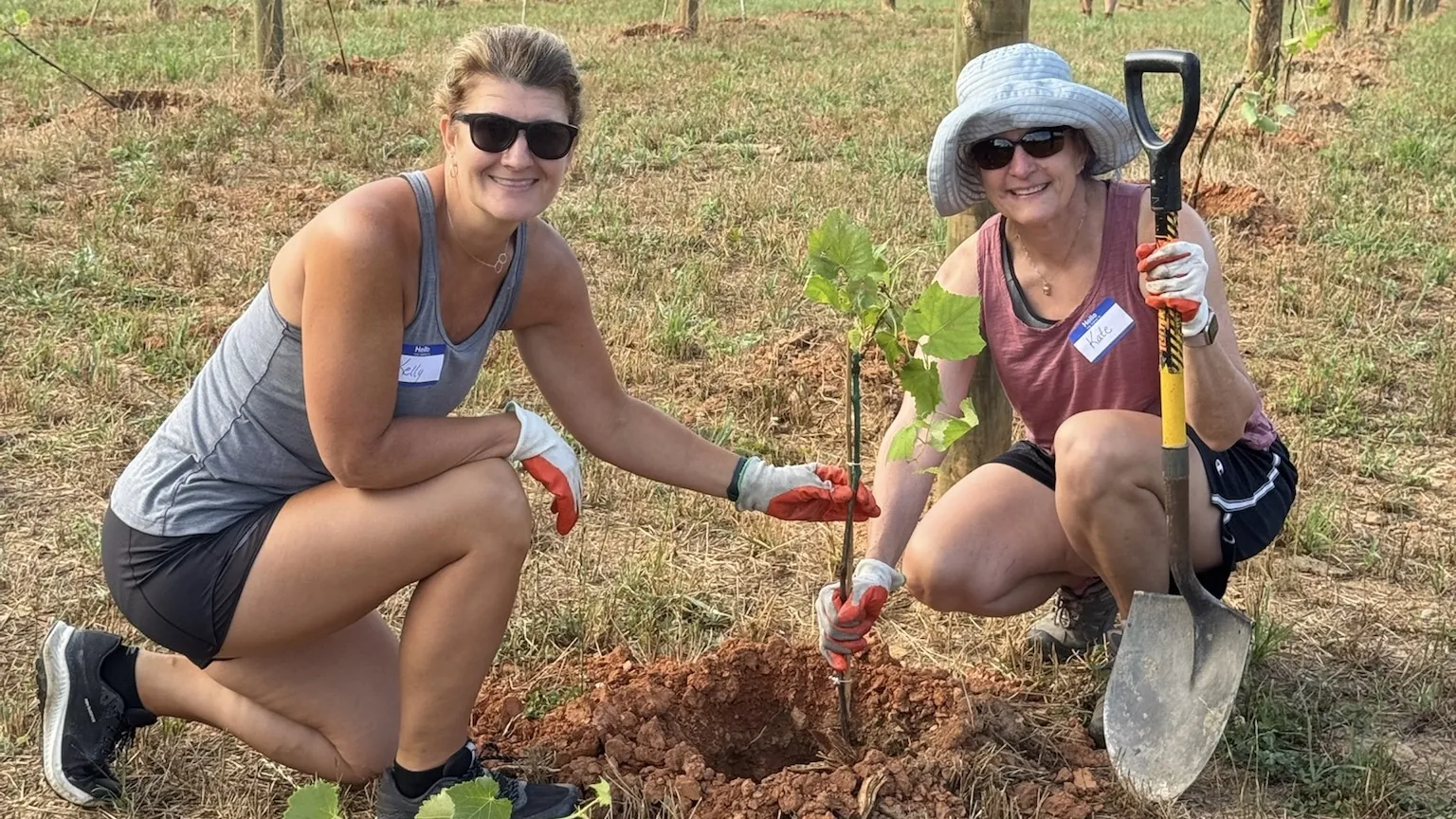 Two ladies planting grape vines at Kerith House